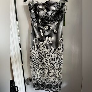NWT. Sam Edelman Black and White Checkered Floral Midi Dress with sheer overlay